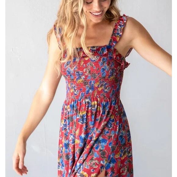 Natural Life Megan Smocked Midi Dress Floral Ruffle Square Neck Sleeveless Boho - Picture 3 of 12